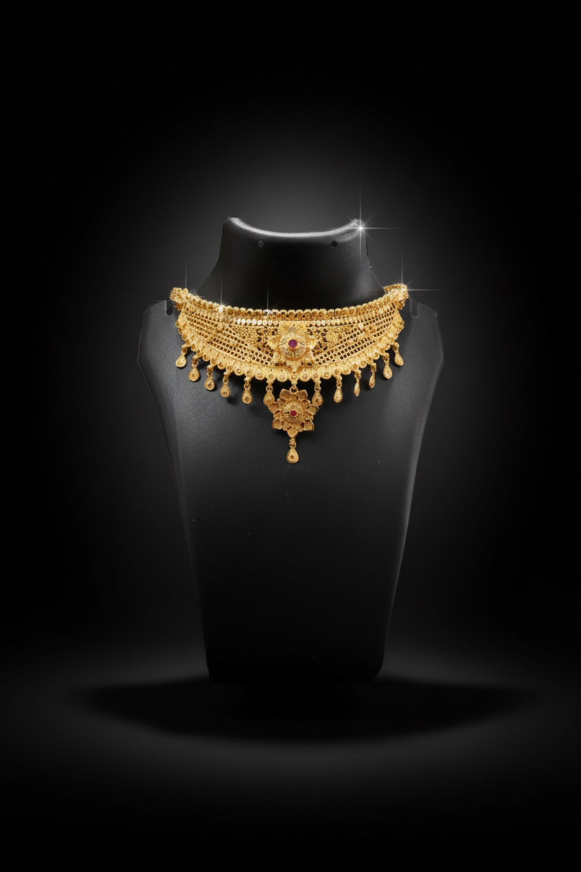 22K Gold Plated Ruby Floral AD Mesh Choker Necklace Set