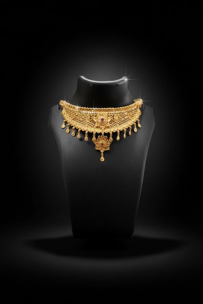 22K Gold Plated Ruby Floral AD Mesh Choker Necklace Set