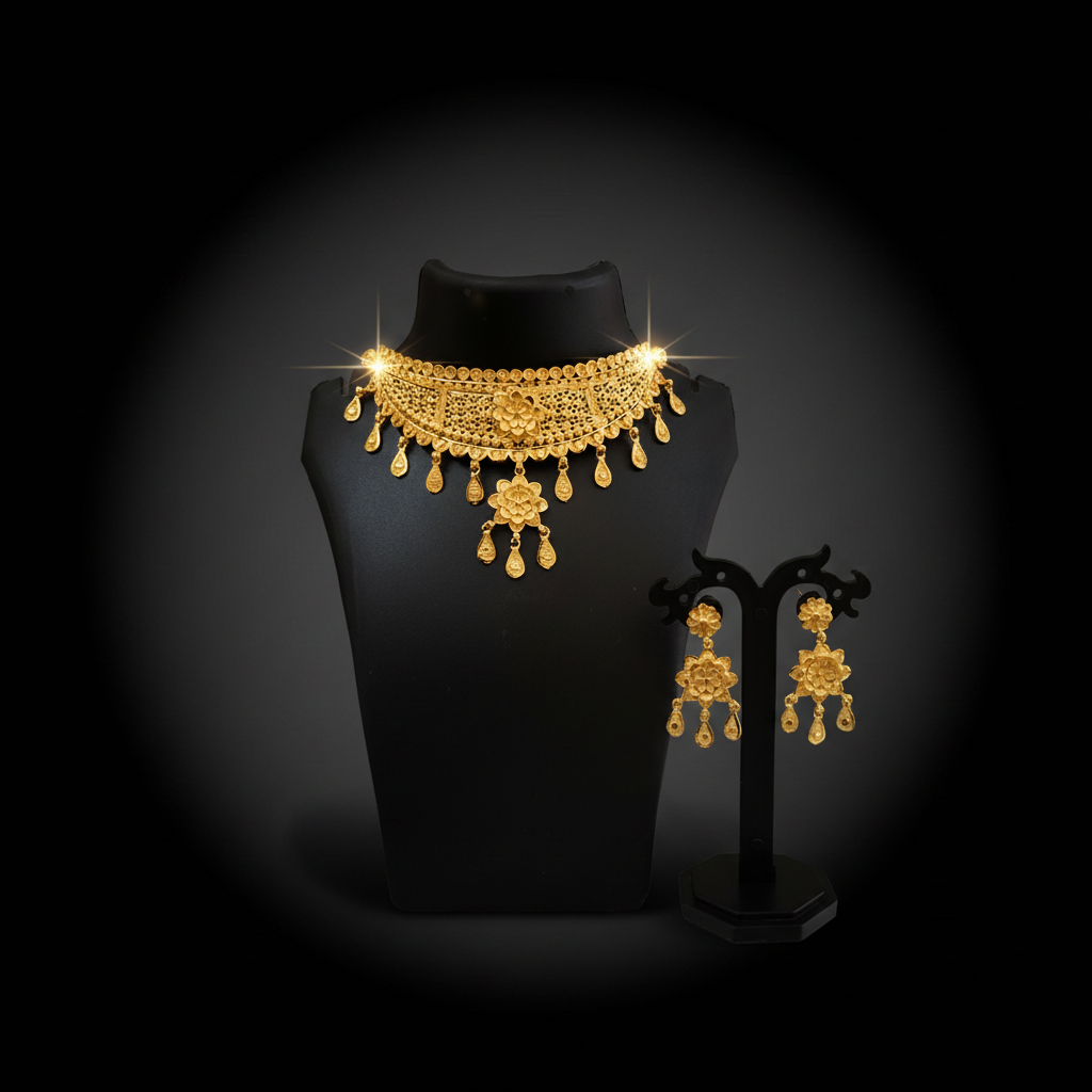 22K Gold Plated Floral Mesh Choker Necklace Set 