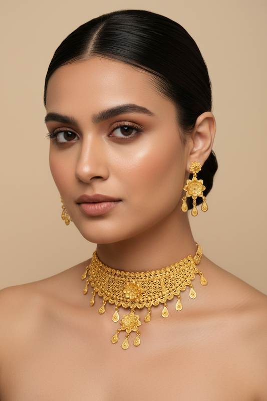22K Gold Plated Floral Mesh Choker Necklace Set