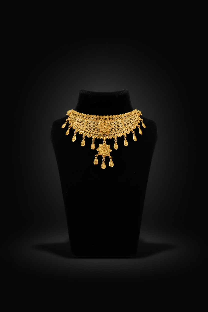 22K Gold Plated Floral Mesh Choker Necklace Set