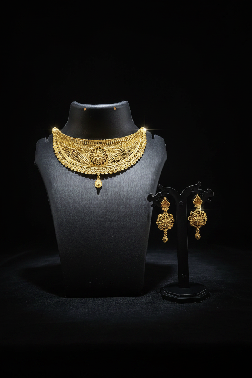 22K Gold Plated Floral Filigree Choker Necklace Set | VINDRA