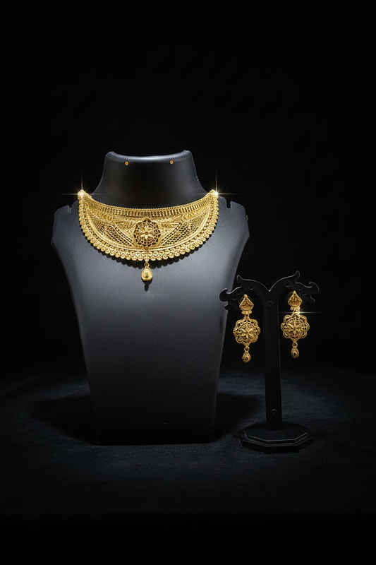 22K Gold Plated Floral Filigree Choker Necklace Set | VINDRA
