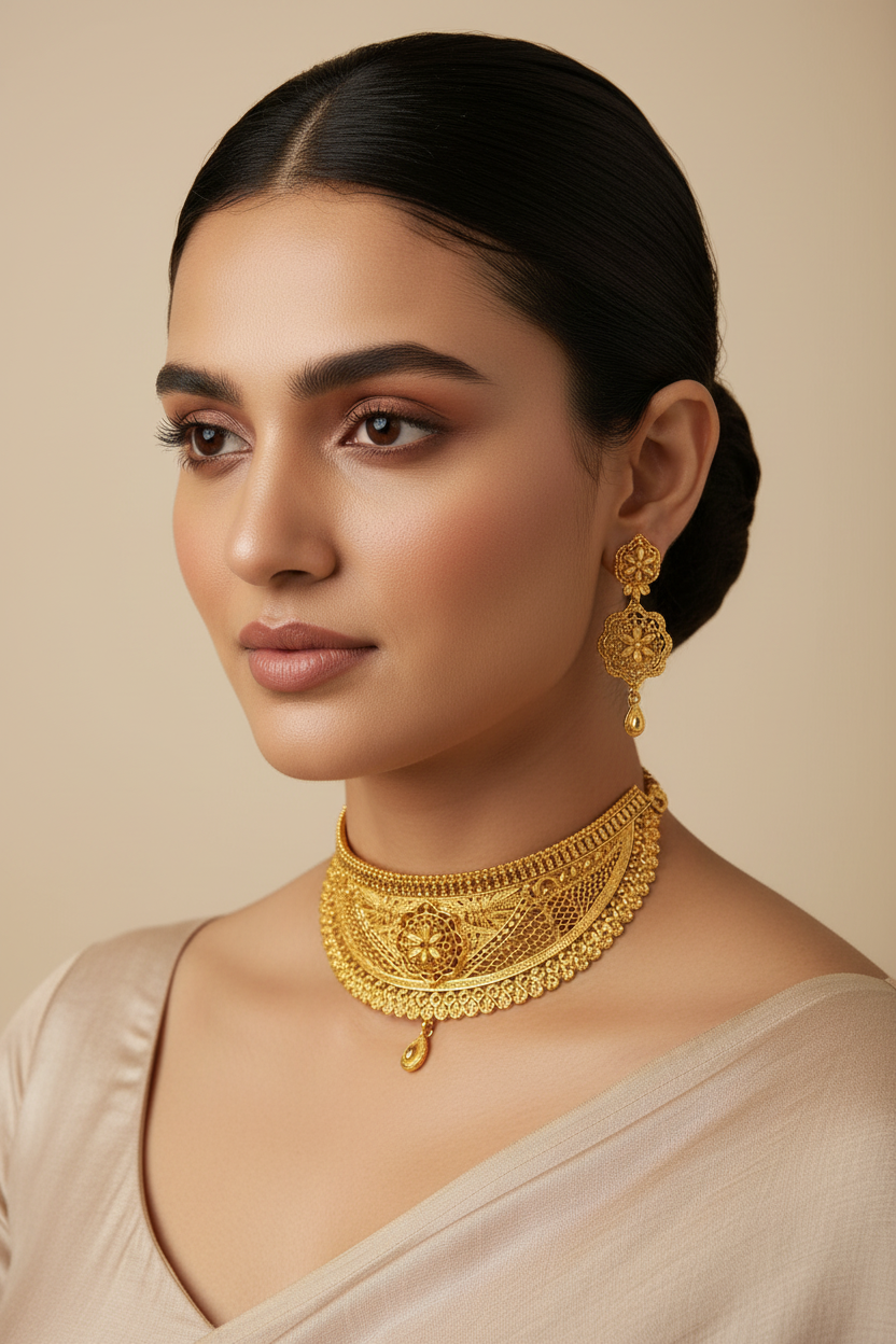 22K Gold Plated Floral Filigree Choker Necklace Set | VINDRA
