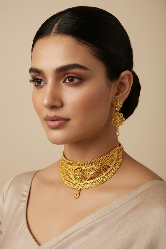 22K Gold Plated Floral Filigree Choker Necklace Set | VINDRA