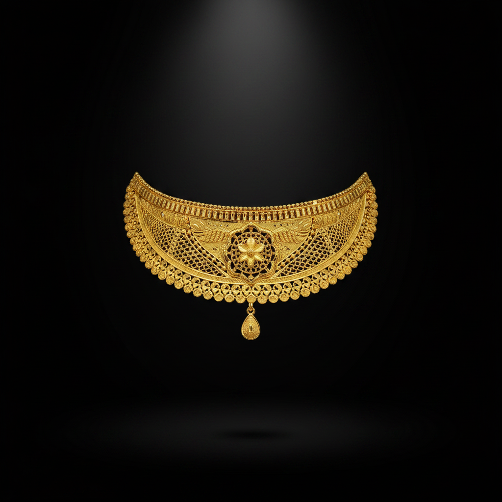 22K Gold Plated Floral Filigree Choker Necklace Set | VINDRA