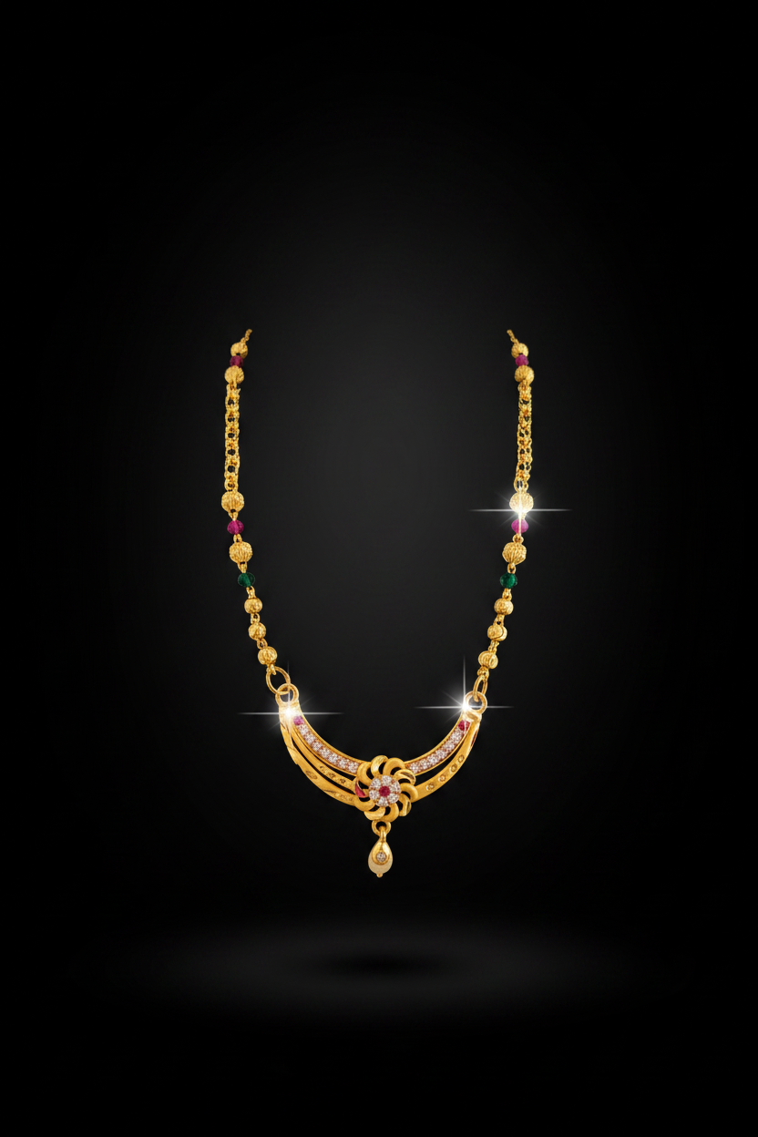 Royal Floral Designer Mangalsutra with Red & Green Beads – 1 Gram Gold Jewellery