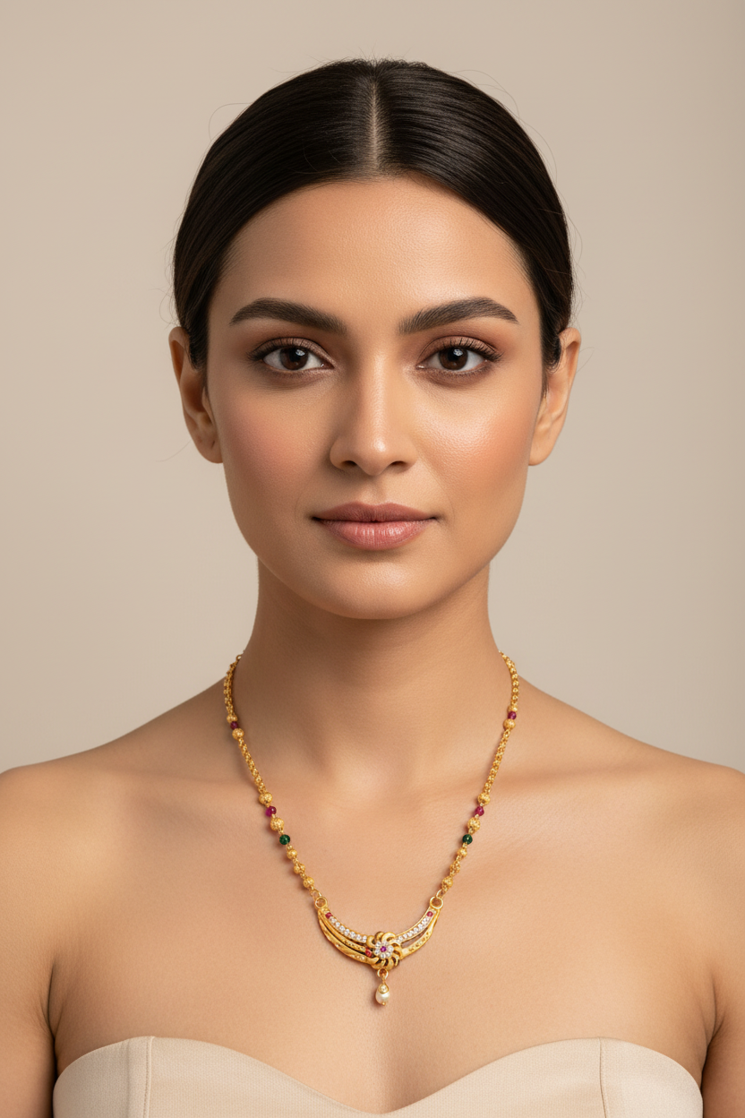 Royal Floral Designer Mangalsutra with Red & Green Beads – 1 Gram Gold Jewellery