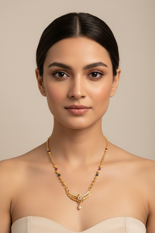 Royal Floral Designer Mangalsutra with Red & Green Beads – 1 Gram Gold Jewellery