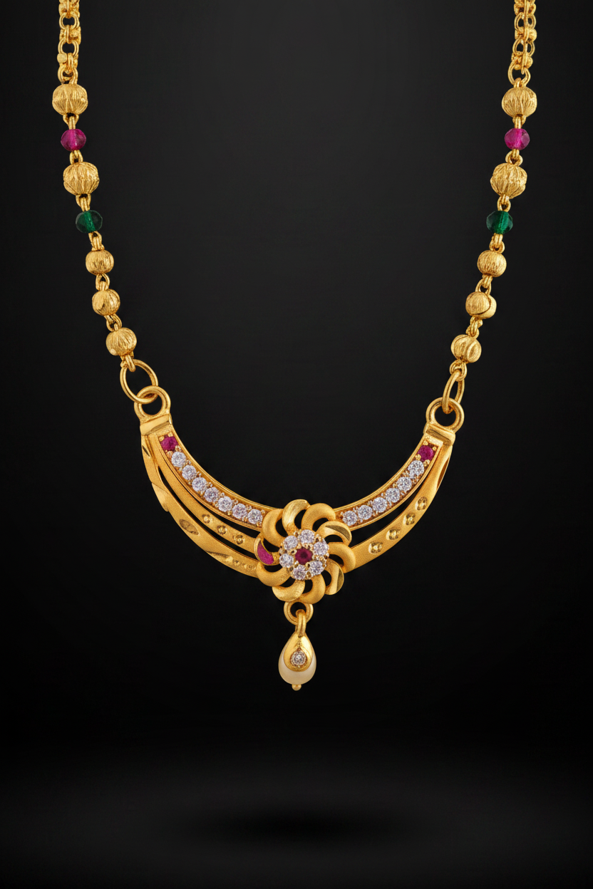Royal Floral Designer Mangalsutra with Red & Green Beads – 1 Gram Gold Jewellery
