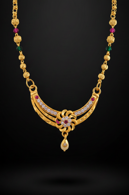 Royal Floral Designer Mangalsutra with Red & Green Beads – 1 Gram Gold Jewellery