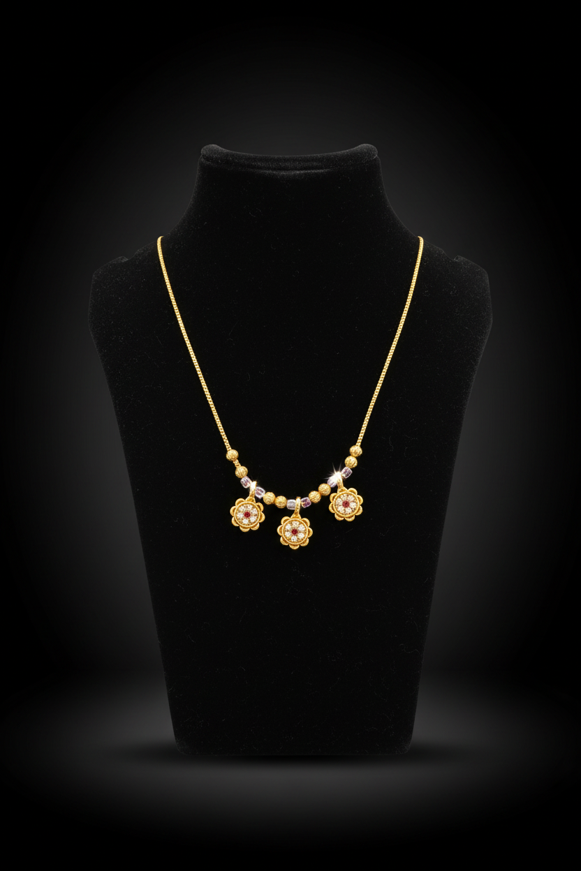 Elegant Triple Floral Necklace with Red & White Stone Work – 1 Gram Gold Jewellery