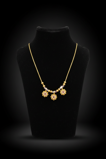 Elegant Triple Floral Necklace with Red & White Stone Work – 1 Gram Gold Jewellery