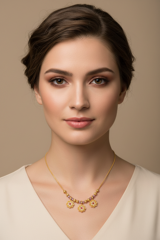 Elegant Triple Floral Necklace with Red & White Stone Work – 1 Gram Gold Jewellery