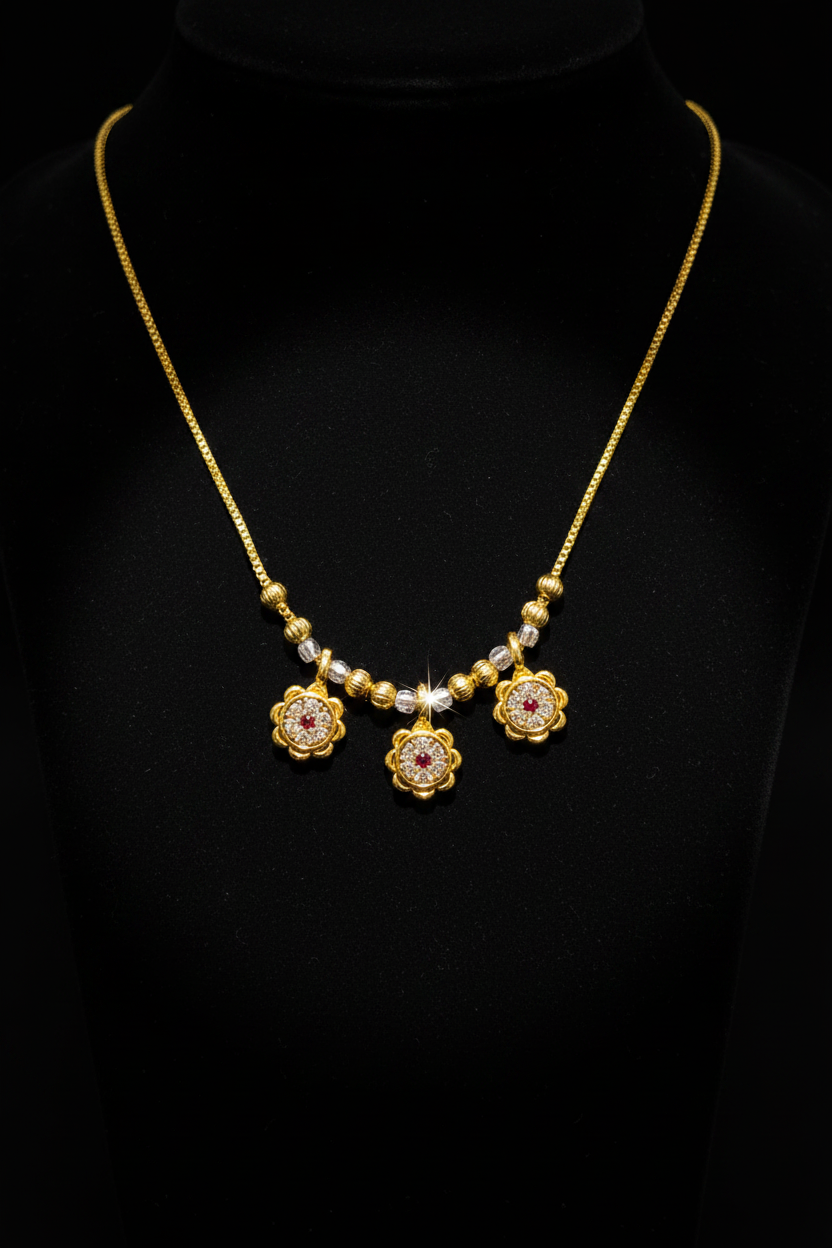 Elegant Triple Floral Necklace with Red & White Stone Work – 1 Gram Gold Jewellery