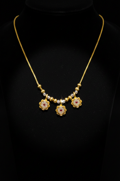 Elegant Triple Floral Necklace with Red & White Stone Work – 1 Gram Gold Jewellery