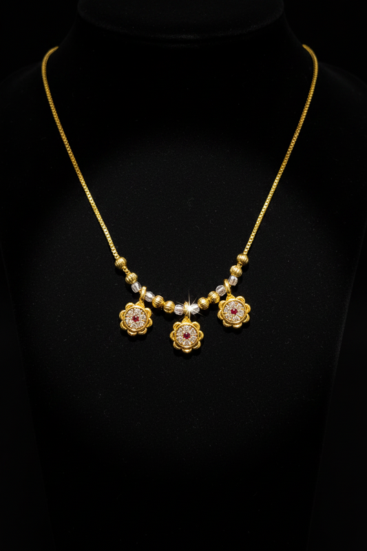 Elegant Triple Floral Necklace with Red & White Stone Work – 1 Gram Gold Jewellery