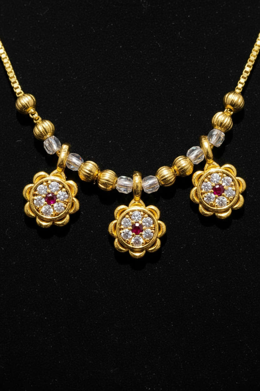 Elegant Triple Floral Necklace with Red & White Stone Work – 1 Gram Gold Jewellery