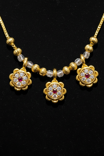 Elegant Triple Floral Necklace with Red & White Stone Work – 1 Gram Gold Jewellery