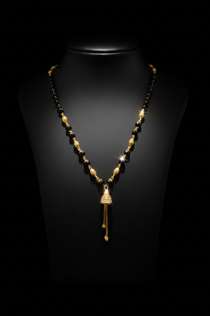Elegant Black Beaded Mangalsutra with Bell Pendant – 1 Gram Gold Jewellery
