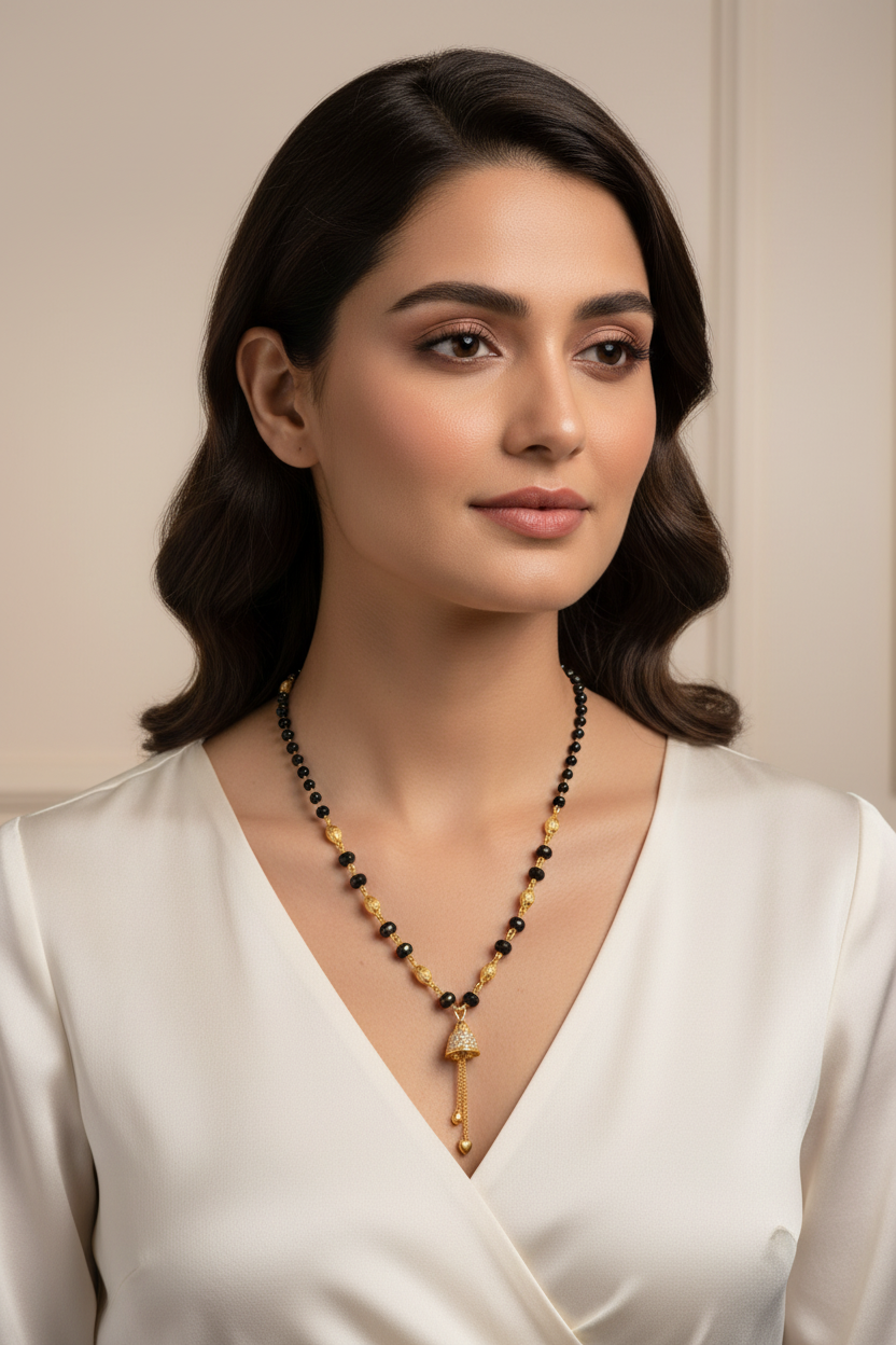 Elegant Black Beaded Mangalsutra with Bell Pendant – 1 Gram Gold Jewellery