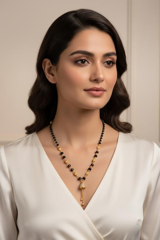 Elegant Black Beaded Mangalsutra with Bell Pendant – 1 Gram Gold Jewellery