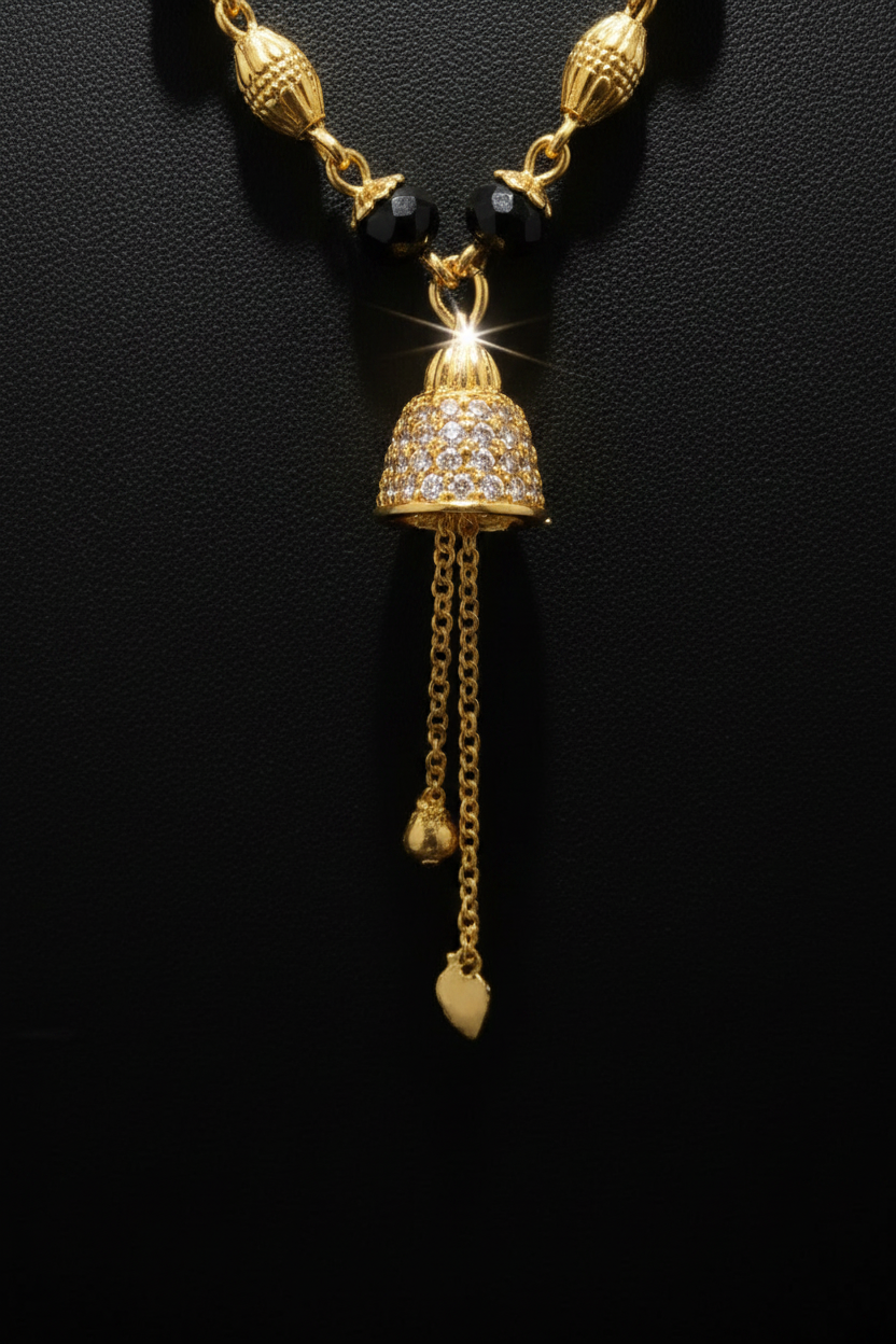 Elegant Black Beaded Mangalsutra with Bell Pendant – 1 Gram Gold Jewellery