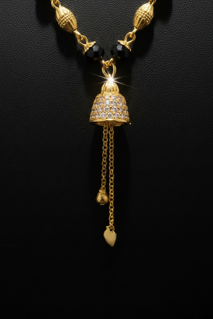 Elegant Black Beaded Mangalsutra with Bell Pendant – 1 Gram Gold Jewellery