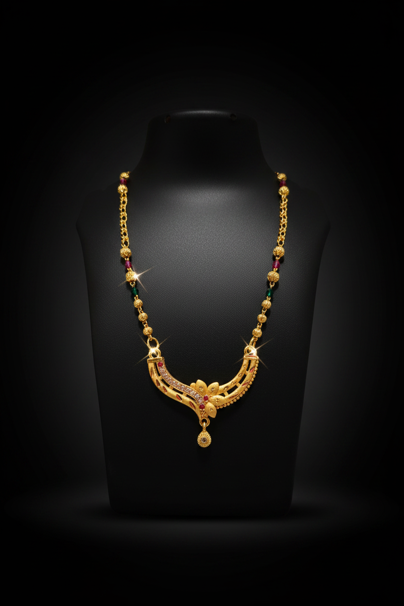 Royal Floral Designer Mangalsutra with Red & Green Beads – 1 Gram Gold Jewellery