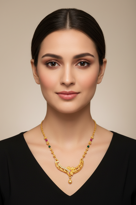 Royal Floral Designer Mangalsutra with Red & Green Beads – 1 Gram Gold Jewellery