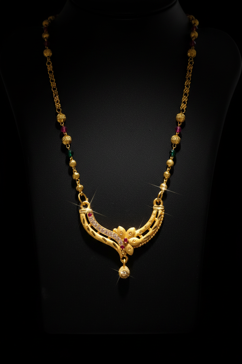 Royal Floral Designer Mangalsutra with Red & Green Beads – 1 Gram Gold Jewellery