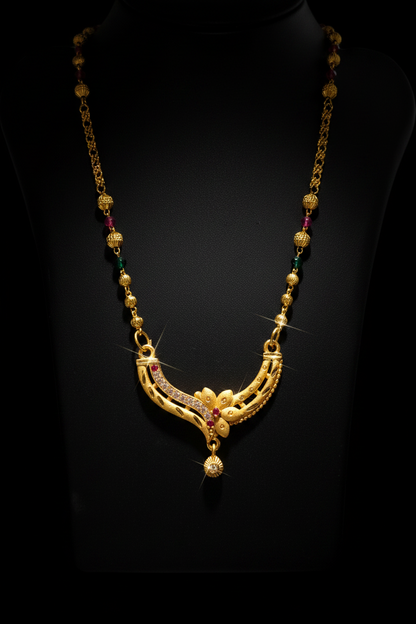 Royal Floral Designer Mangalsutra with Red & Green Beads – 1 Gram Gold Jewellery