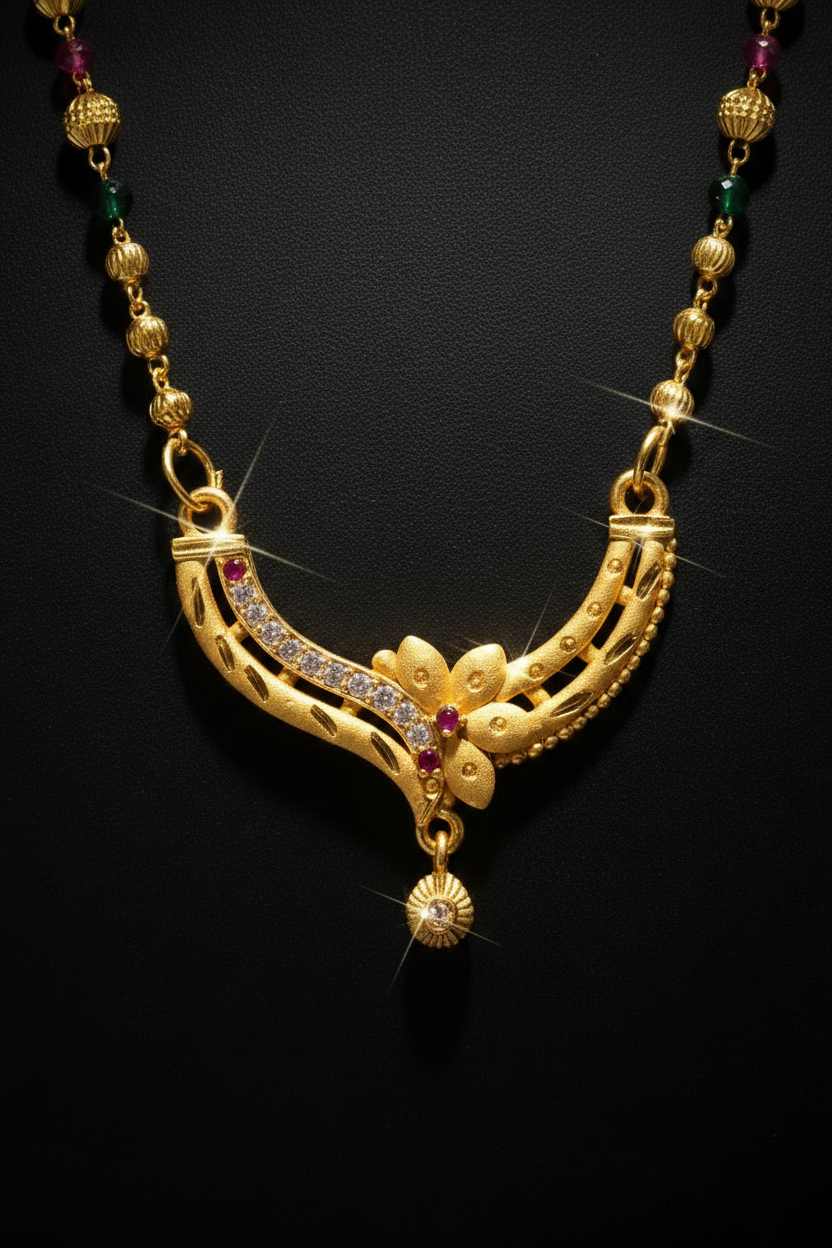 Royal Floral Designer Mangalsutra with Red & Green Beads – 1 Gram Gold Jewellery
