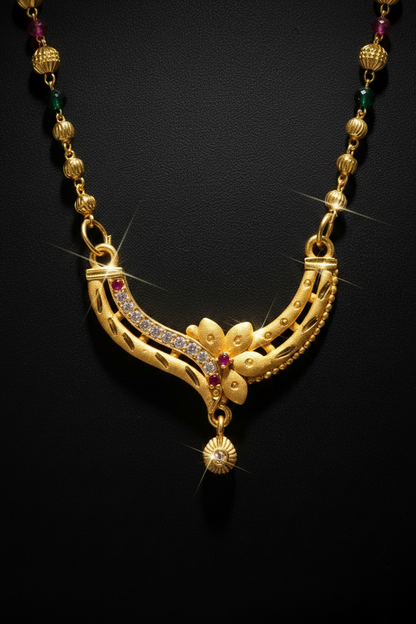 Royal Floral Designer Mangalsutra with Red & Green Beads – 1 Gram Gold Jewellery