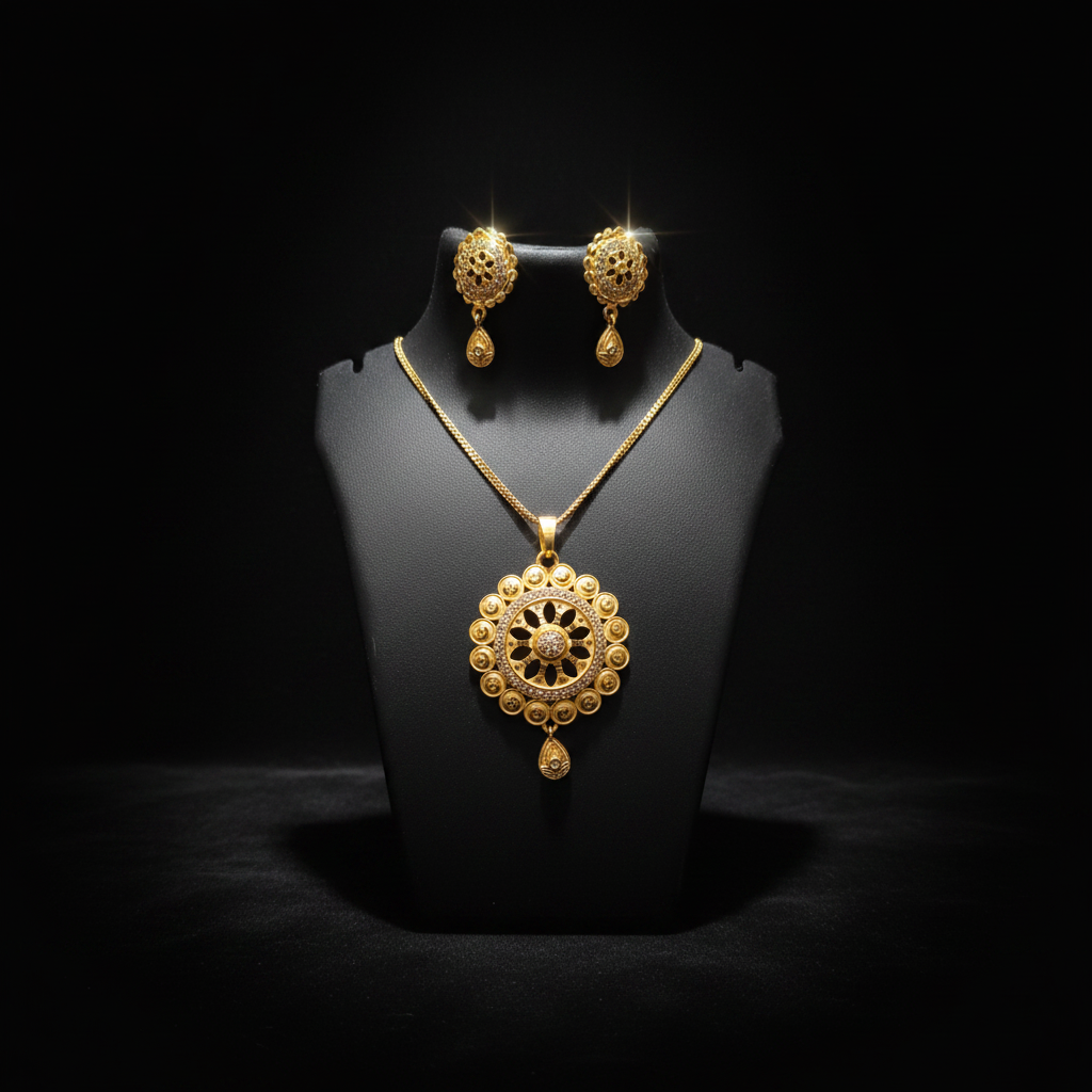 Elegant Floral Round Pendant Set with Earrings – 1 Gram Gold Jewellery