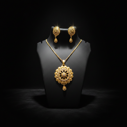 Elegant Floral Round Pendant Set with Earrings – 1 Gram Gold Jewellery