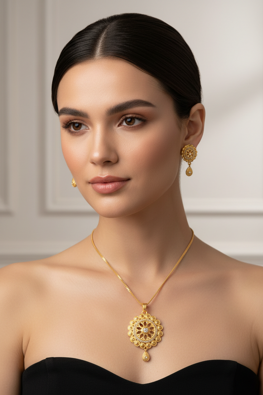Elegant Floral Round Pendant Set with Earrings – 1 Gram Gold Jewellery