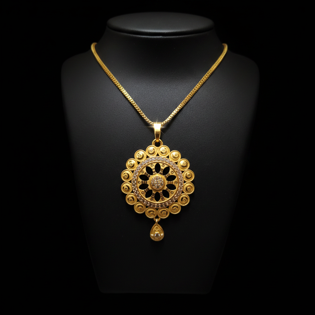 Elegant Round Floral Pendant Set with Matching Earrings – Gold Finish