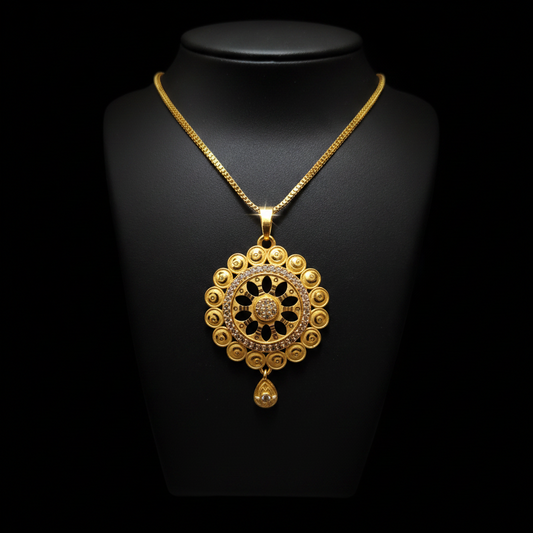 Elegant Round Floral Pendant Set with Matching Earrings – Gold Finish