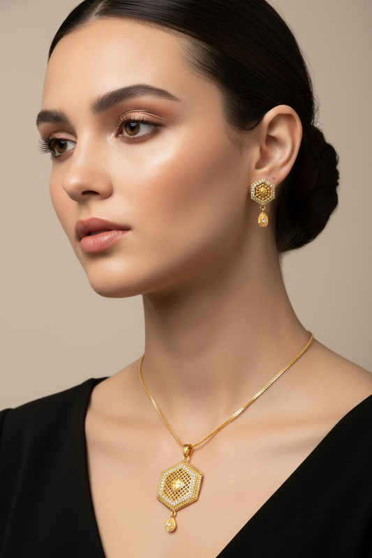 Elegant Hexagon Pendant Set with Earrings – 1 Gram Gold Jewellery