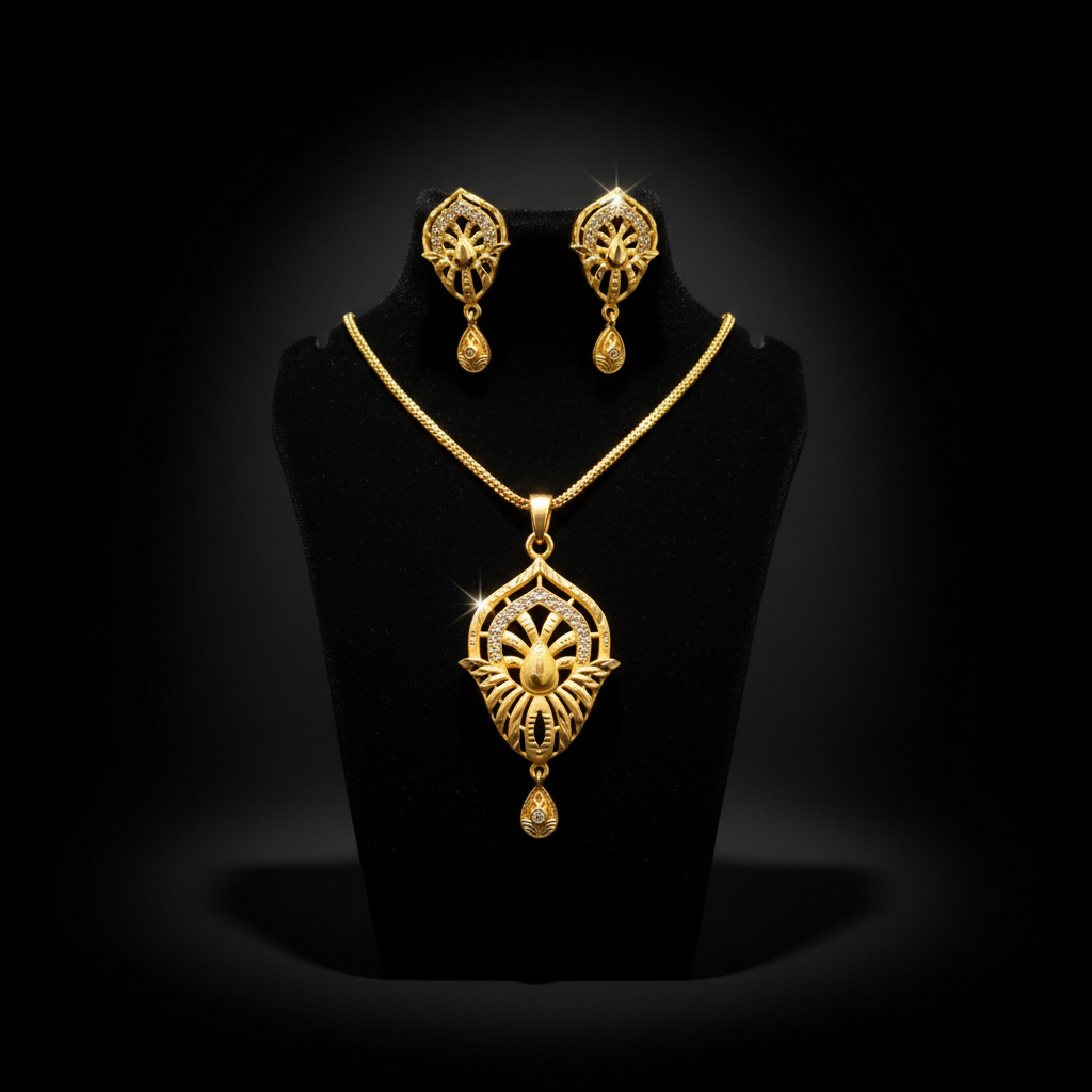 Elegant Leaf Design Pendant Set with Earrings – 1 Gram Gold Jewellery