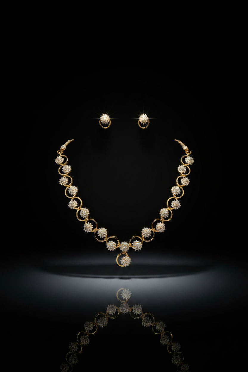 Elegant Floral AD Stone Necklace Set with Earrings – 1 Gram Gold Jewellery