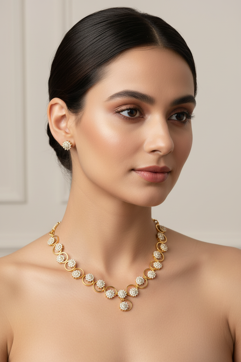 Elegant Floral AD Stone Necklace Set with Earrings – 1 Gram Gold Jewellery