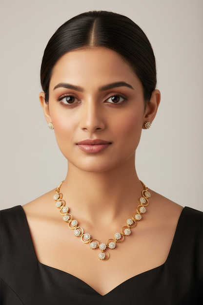 Elegant Floral AD Stone Necklace Set with Earrings – 1 Gram Gold Jewellery