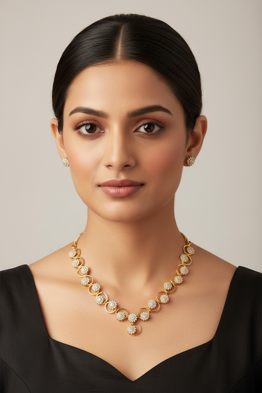 Elegant Floral AD Stone Necklace Set with Earrings – 1 Gram Gold Jewellery