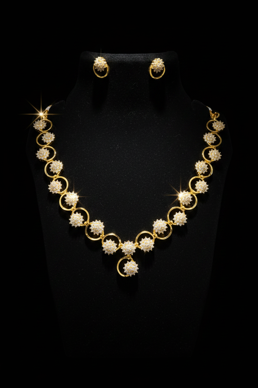 Elegant Floral AD Stone Necklace Set with Earrings – 1 Gram Gold Jewellery