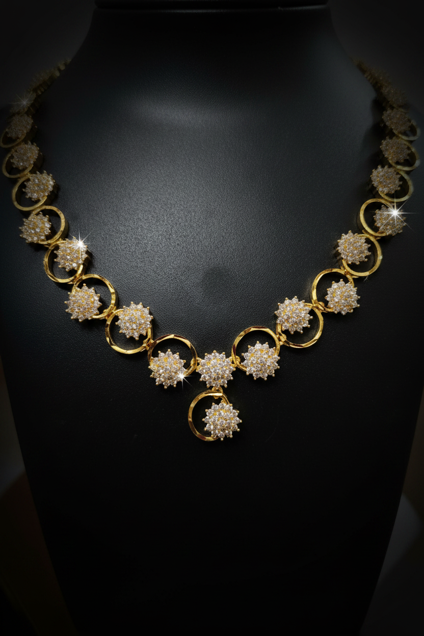 Elegant Floral AD Stone Necklace Set with Earrings – 1 Gram Gold Jewellery