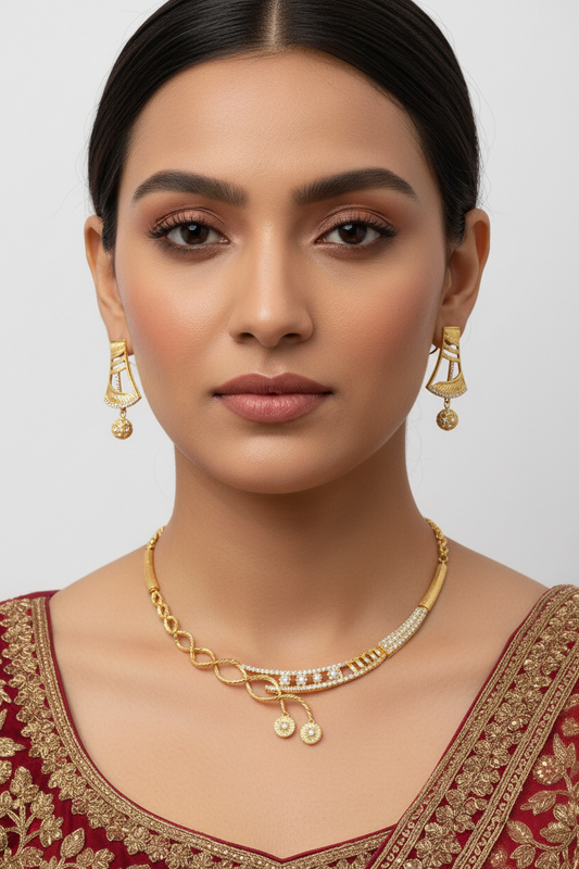 Elegant Designer AD Stone Necklace Set with Earrings – 1 Gram Gold Jewellery