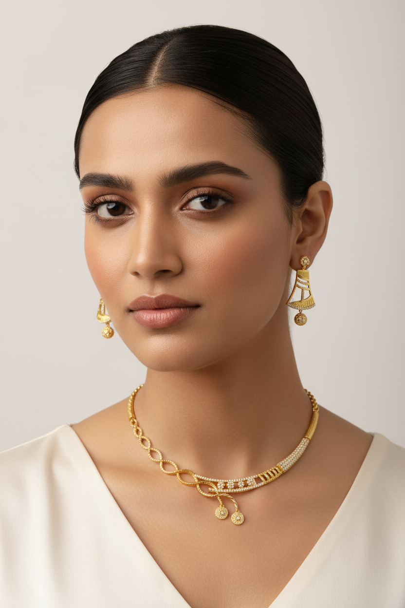 Elegant Designer AD Stone Necklace Set with Earrings – 1 Gram Gold Jewellery