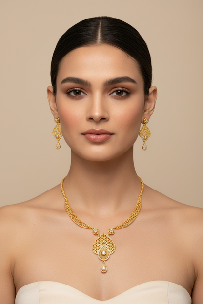 Elegant Teardrop Pendant AD Stone Necklace Set with Earrings – 1 Gram Gold Jewellery